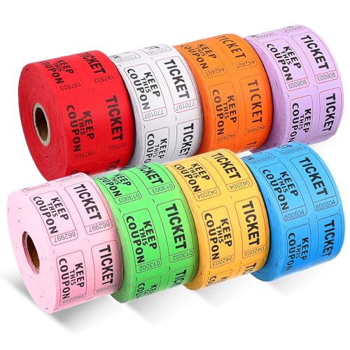 8000 Multicolor Raffle Tickets - 8 Double Rolls of 1000 Tickets Each, Consecutively Numbered 50/50, 1x2 Inch, for Party, Concert, Carnival, Event