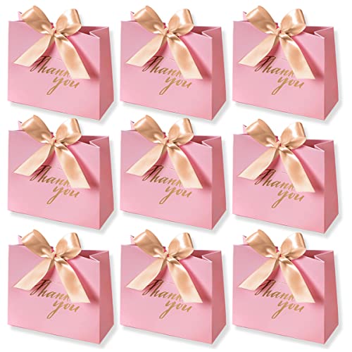 24 Pack Small Thank You Party Favor Bags with Ribbon, Mini Gift Bags Bulk - color: Pink/Gold Ribbon