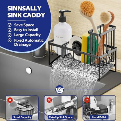Sinnsally Kitchen Sponge Holder,Sink Caddy Organizer with Brush Holder,Stainless Steel Sink Box Dish Scrubber Holder with Self Drain Tray,Soap Dispenser Kitchen Storage Accessories(1 Tier-Black) - color: 1 Tier-Black