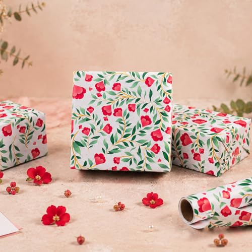 Burymento Floral Gift Wrapping Paper Roll for Women Girls - color: White - Red Floral