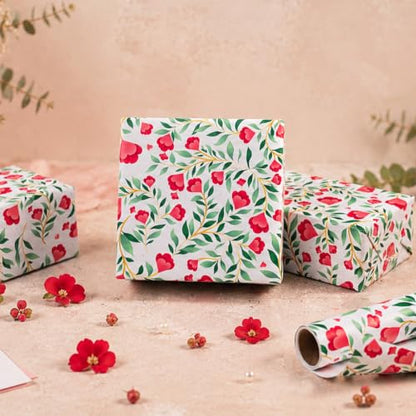 Burymento Floral Gift Wrapping Paper Roll for Women Girls - color: White - Red Floral