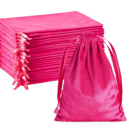 25 Pcs Velvet Drawstring Bags 5 x 7 Inch, Hot Pink Soft Velvet Pouches - color: Hot Pink