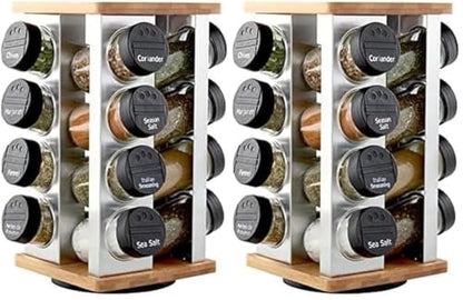 Kamenstein 16 Jar Warner Revolving Countertop Spice Rack Organizer with Lift & Pour Caps and Spices Included,FREE Spice Refills for 5 years,Stainless Steel & Bamboo with Black Caps,16-Jar (Pack of 2) - size: 16-Jar (Pack of 2), style: 16-Jar Bamboo Revolv