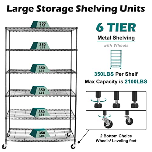 WDT NSF Certified Storage Shelves on Wheels, Heavy Duty Metal Shelves for Storage with Adjustable Stand, 6-Tier Wire Shelving Unit for Garage Pantry Kitchen Shelf Rack(17" W*47" D*80" H), Black - size: 6tier 47"D x 14"W x 80"H