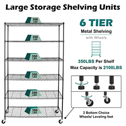 WDT NSF Certified Storage Shelves on Wheels, Heavy Duty Metal Shelves for Storage with Adjustable Stand, 6-Tier Wire Shelving Unit for Garage Pantry Kitchen Shelf Rack(17" W*47" D*80" H), Black - size: 6tier 47"D x 14"W x 80"H