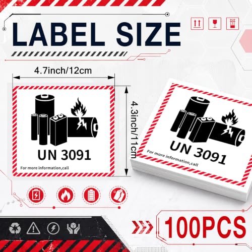 Dunzoom 100 Pcs UN3091 Lithium Ion Battery Caution Labels 4.7" x 4.3" - color: Un3091, size: 4.7" X 4.3"