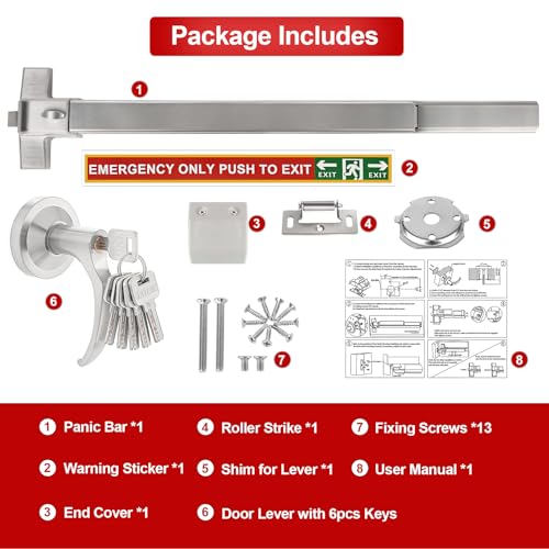 Push Bar Panic Exit Device with Handle, 31 Inch Aluminum Emergency Exit Door Hardware with 6 Keys, Commercial Emergency Door Lock Fits 31"-47" Wood & Metal Doors, Left/Right Compatible - size: 31inch