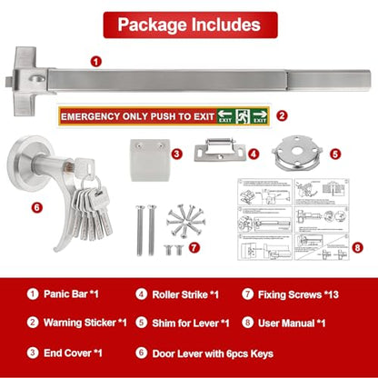 Push Bar Panic Exit Device with Handle, 28inch Emergency Exit Door Hardware with 6 Keys, Aluminum Commercial Push Bar Door Lock Fits 28"-45" Wood & Metal Doors, Left/Right Compatible - size: 28inch