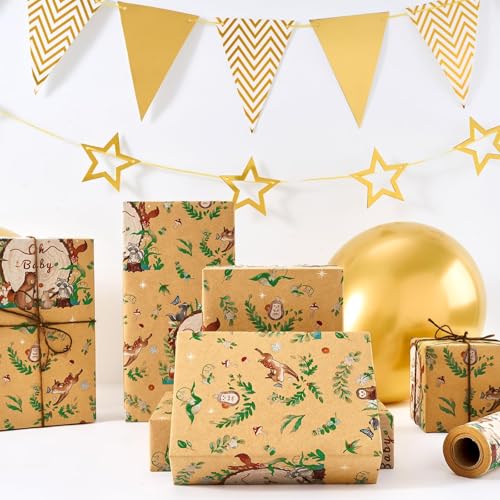 WERNNSAI Baby Shower Wrapping Paper Roll - 33 ft Baby Kraft Gift Wrap - color: Baby Animal-Forest