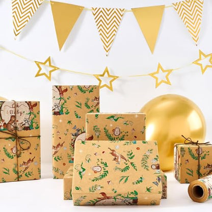 WERNNSAI Baby Shower Wrapping Paper Roll - 33 ft Baby Kraft Gift Wrap - color: Baby Animal-Forest