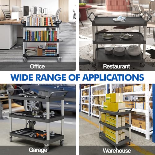 Utility Rolling Carts with Wheels, Large Plastic Service Carts, Heavy Duty Restaurant Cart with 4 Brake Lockable Wheels for Kitchen/Office/Warehouse (3 Tier-40.1×19.7×38.1inches/540lbs) - size: 3 Tier - 40.1×19.7×38.1inches / 540lbs