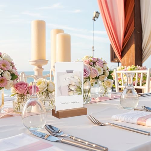 8 Pack Clear Acrylic Sign with Wood Base T Shape Sign Holder Vertical Acrylic Blank Stands Desktop Display Plastic Menu Frames Double Sided Flyer Stand for Wedding Restaurant Party Decoration