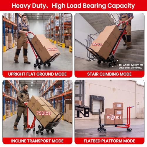 Professional Heavy Duty 1000LBS Stair Climbing Dolly, 4-in-1 Convertible Hand Truck, Upgraded Foldable Utility Moving Cart with Solid Wheels for Warehouse, Office & Home (Red) - color: Red