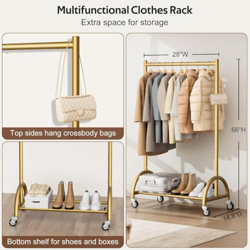 MISSLO Heavy Duty Clothing Rack with Wheels Rolling Clothes Racks for Hanging Clothes, Coats, Garment, Dress, Gold, 28" W - color: Gold, size: 28"W x 14.8"D x 66"H (Small)