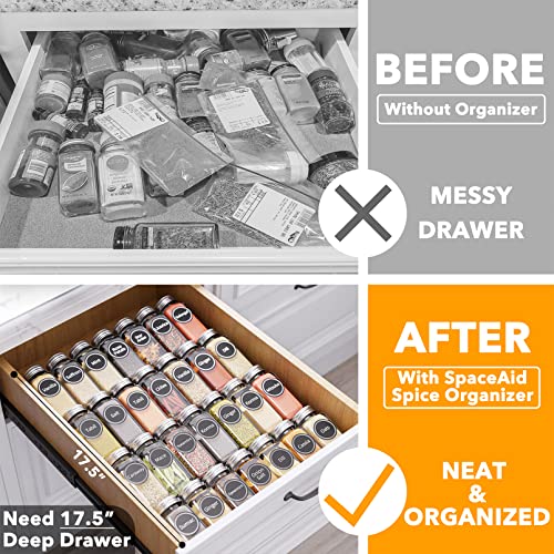 SpaceAid Spice Drawer Organizer with 28 Spice Jars, 386 Spice Labels, 4 Tier Seasoning Rack Tray Insert for Kitchen Drawers, 13" Wide x 17.5" Deep - size: 28 Jars, 13" Wide