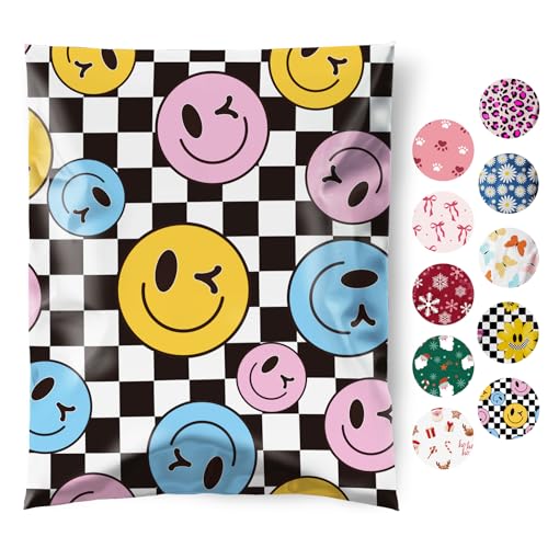 Fuxury Poly Mailers 10x13" 50pcs,Cute Shipping Bag for Clothes,Checkerboard - color: Smile Face, size: 10x13" 50pcs