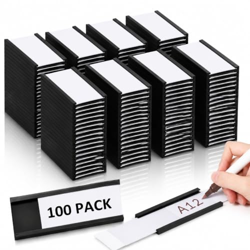 WOPPLXY 100 Pcs 1 x 3 Inch 'C' Channel Magnetic Label Holders with Paper Inserts and Clear Plastic Protectors, Magnetic Data Card Holders for Metal Shelf, Whiteboard