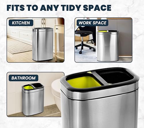 Alpine 40 Liter / 10.5 Gal Slim Dual Trash Can and Recycling Bin - Modern Stainless Steel Double Garbage Can, Two Compartment Trash Can Open Top, Removable Lid & Liners for Kitchen, Office, Bathroom