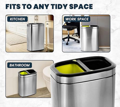 Alpine 40 Liter / 10.5 Gal Slim Dual Trash Can and Recycling Bin - Modern Stainless Steel Double Garbage Can, Two Compartment Trash Can Open Top, Removable Lid & Liners for Kitchen, Office, Bathroom