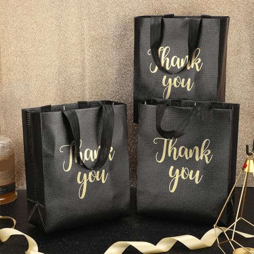 Fumete 50 Pcs Black Glossy Thank You Gift Bag with Handles - color: Black