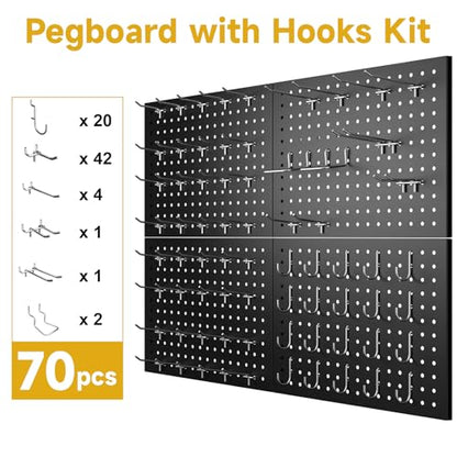 Peg Board, 4-pcs 16" x 12" Metal Pegboard Panels with 70 Hooks, Tool Organizer for Garage, Craft Room, Black