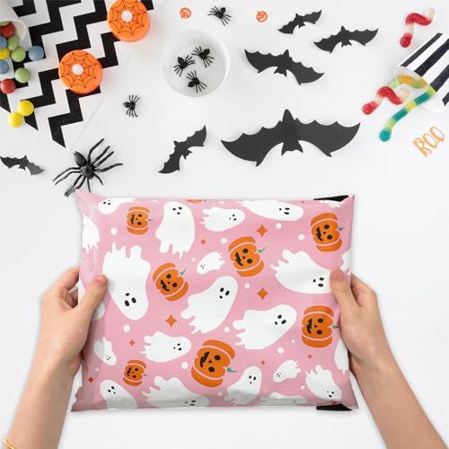 JarThenaAMCS 100Pcs Halloween Poly Mailers 14.5 x 19 Inch Pink Ghost Pumpkin Packaging Bags Large Self Seal Mailing Envelope Bags for Small Business Clothing Gift - size: 14.5 x 19 Inch