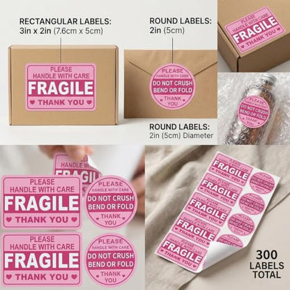 300 Pcs Fragile Stickers for Shipping, Pink Handle with Care Labels, 3 x 2 Inch Fragile Labels and 2 Inch Do Not Bend Stickers for Moving Boxes, Mailers, Packaging