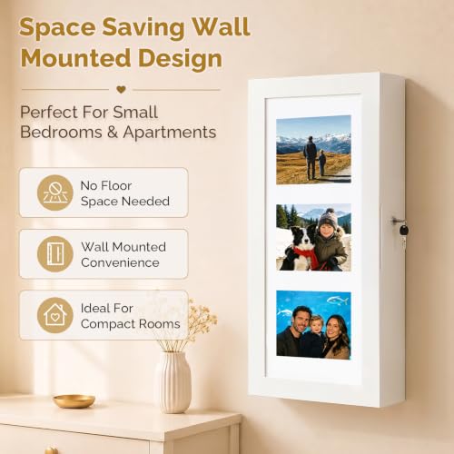 Bonnlo Wall-Mounted Jewelry Cabinet with 3-in-1 Photo Frame & Mirror, White - color: White, size: 3.55"D x 11.8"W x 23.6"H