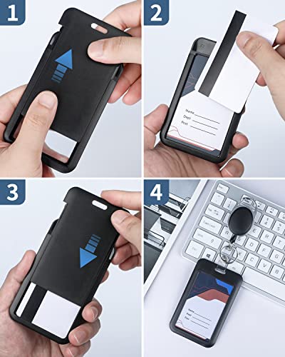 Uniclife Sliding Badge Holder Vertical Plastic Case with Retractable Badge Reel Carabiner and Detachable Lanyard Strap Hard Card Protector for ID Credit Proximity Key Card Driver’s License and Pass - color: Black