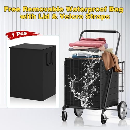 5.7 Cu Ft Folding Shopping Cart - 600 LB Capacity Grocery Cart with 360° Braked Swivel Wheels - Heavy Duty Utility Cart with Double Basket & Removable Waterproof Liner with Lid for Laundry - color: Black