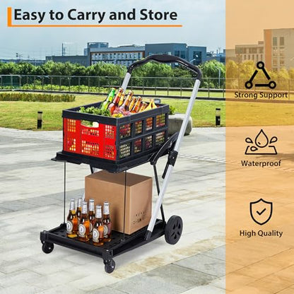 2-Tier Collapsible Aluminum Utility Cart, 198 Lb Capacity, 360° Wheels - color: Red