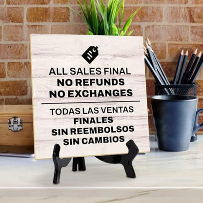 All Sales Final No Refunds No Exchanges Todas Las Ventas Finales Sin Reembolsos Sin Cambios 5"x 5" Square Table Sign With Acrylic Easel | General Office Notices & Business Table Signs - color: All Sales Final