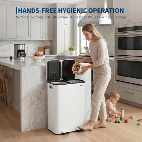2x8 Gal Dual Compartment Stainless Steel Kitchen Trash Can with Lid, 30L+30L Recycling Garbage Bin, Soft Close Foot Pedal Trash Bin with 2 Removable Inner Buckets, Fingerprint Resistant for Home Offic - color: White, size: 2x8 Gal