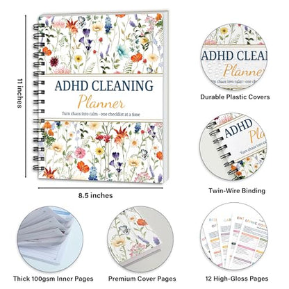 ADHD Cleaning Planner, Wildflowers Daily Weekly Monthly Checklists - color: ADHD Cleaning Planner Version 2