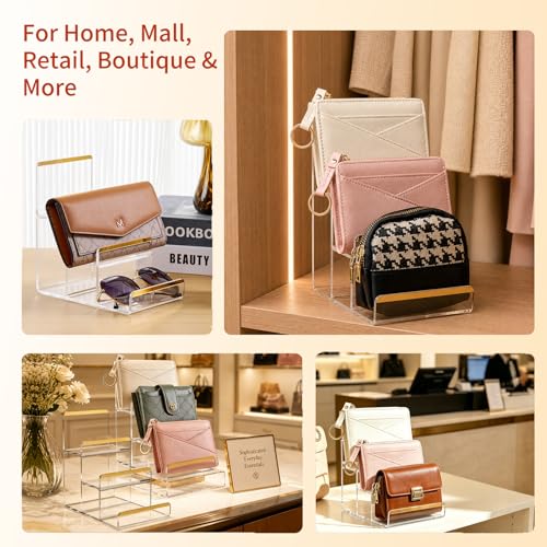 2 Pack 3-Tier Acrylic Wallet Display Stands, Gold Trim Purse Display Stand - size: 3 Tier (2 Pack)