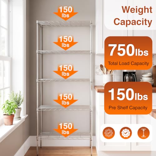 BestOffice | 5-Tier Wire Shelf | 14" x 24" x 60" | Chrome - color: Chrome, size: 14"D x 24"W x 60"H