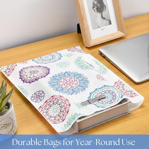 Rainbows & Lilies Mandala Plastic Bags with Handles, White, 100pk, 12x15 in - color: White Mandala Design