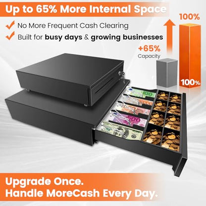 16.4" Cash Drawer with Media Slot, POS Cash Register with 5 Bill 8 Coin Slots, RJ11/RJ12 Printer-Driven, 3-Position Key Lock, Heavy-Duty Steel Cash Register for for Small Businesses