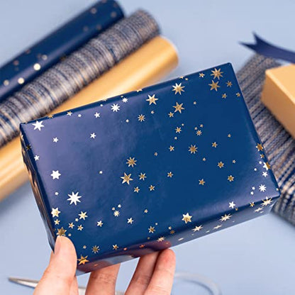 WRAPAHOLIC Wrapping Paper Roll - Mini Roll - 3 Rolls - 17 Inch X 120 Inch Per Roll - Navy and Gold Star/Stripe/Gold Pearlized Print for Birthday, Father's Day, Holiday, Party - color: Navy & Gold