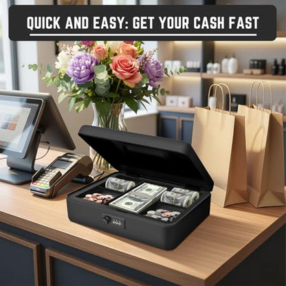 Flexzion Metal Cash Box with Combination Lock, Money Tray, 11.8 in, Black - color: Black