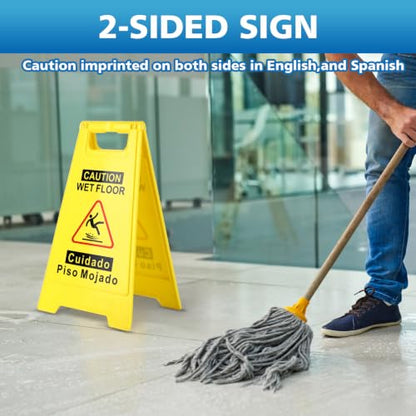 WOUSEDO 1-Pack Caution Wet Floor Sign,17.5" Height,Bright Yellow Double-Sided Folding A-Shaped Frame Design, Bilingual Caution Message - color: 1PACK Yellow
