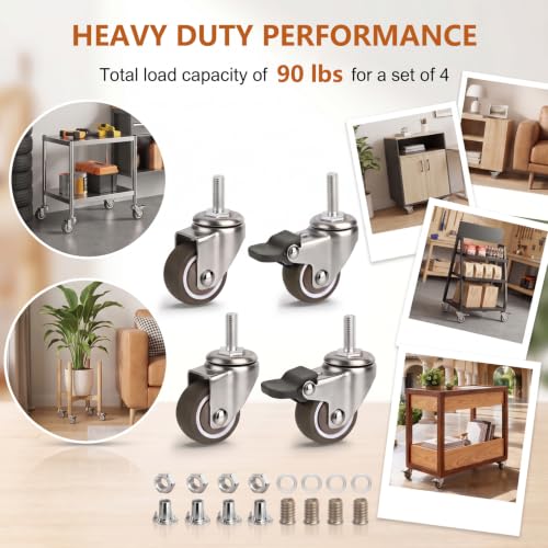 WANLIAN M6 Threaded Stem Casters Set of 4 Heavy Duty Swivel Caster Wheels with Brakes, TPE Rubber Small Screw Replacement Wheels for Furnitures, Rolling Carts, Standing Desks, Wire Shelving (1 Inch) - style: 1 Inch
