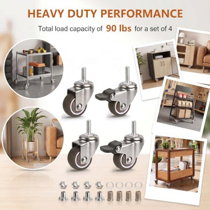 WANLIAN M6 Threaded Stem Casters Set of 4 Heavy Duty Swivel Caster Wheels with Brakes, TPE Rubber Small Screw Replacement Wheels for Furnitures, Rolling Carts, Standing Desks, Wire Shelving (1 Inch) - style: 1 Inch