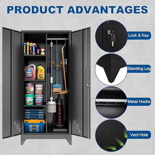 Metal Garage Storage Cabinets with Lock, Cabinet with Pegboard & Hanging Rod, Broom Closet Storage Cabinets, Black Lockable Steel Tool Cabinet for Home,Garage,Utility Room - color: 61" Black