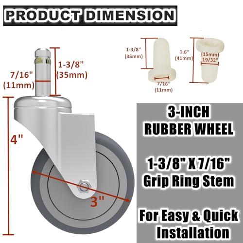 RILIDRI 3-Inch Swivel Stem Caster, 7/16-Inch Stem Diameter Rubber Wheel, Heavy Duty TPR Replacement Wheels for Rubbermaid Mop Bucket Cart Grill Casters - 4 Pack - size: 3 Inch-175LB(4 Swivel)