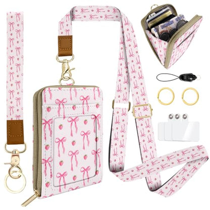 Cute Pink Bow Strawberry Lanyard Wallet with Id Holder, Credit Card Holder Small Wallet with Keychain Zipper Coin Pocket, RFID Blocking ID Badge Holder,Travel Card Case for Women Teacher Student Gifts - color: Pink Bow Strawberry
