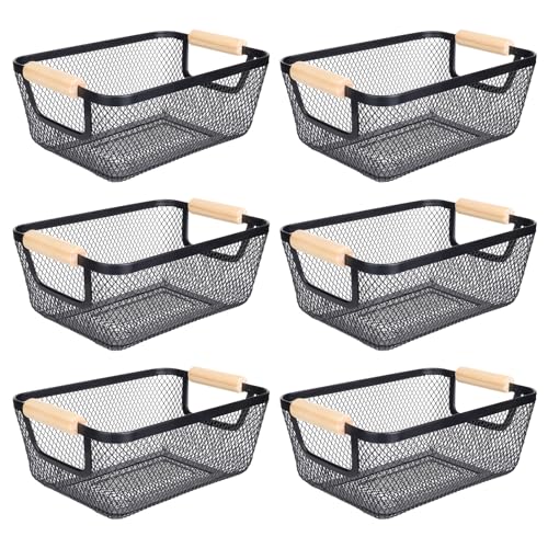 6 Pack Black Wire Basket with Wooden Handle, Storage Bins for Pantry