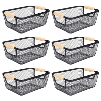 6 Pack Black Wire Basket with Wooden Handle, Storage Bins for Pantry