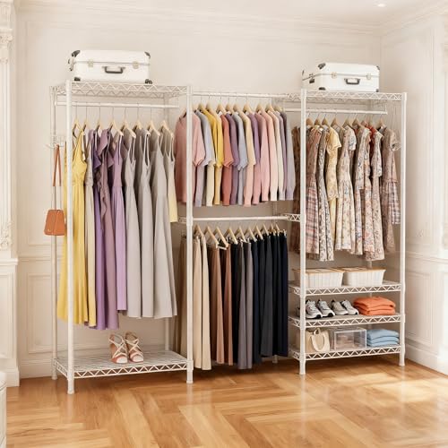 Heavy Duty Clothing Rack with Adjustable Shelves Clothes Wardrobe - color: White