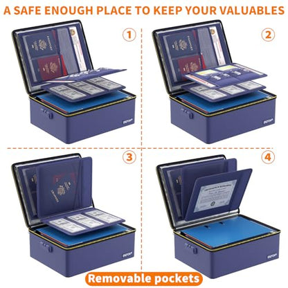 ENGPOW Fireproof Document Box with Lock & Heat-Resistant Fireproof Zipper - color: Blue, size: 15.4 x 11.8 x 5.5 inches